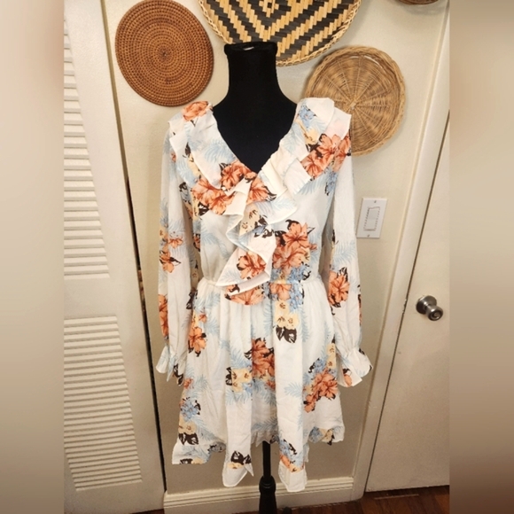 LAST ONE! Light Blue V Neck Mini Dress With Ruffles - Picture 4 of 8